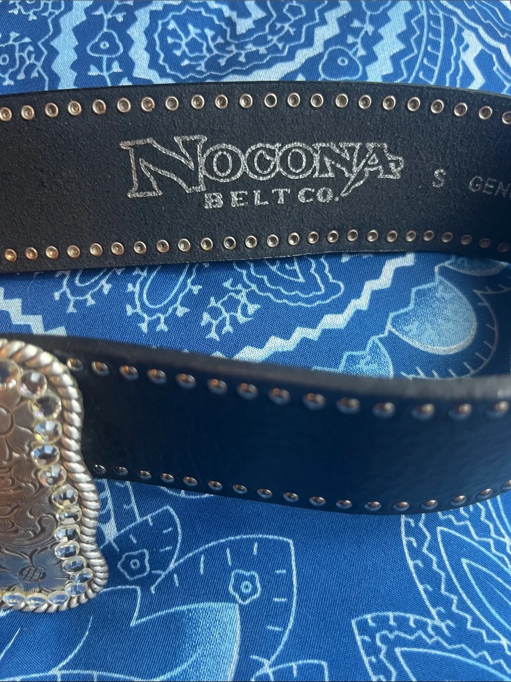 Nocona Black Leather Western Belt with Ornate Silver Rodeo Buckle sz S